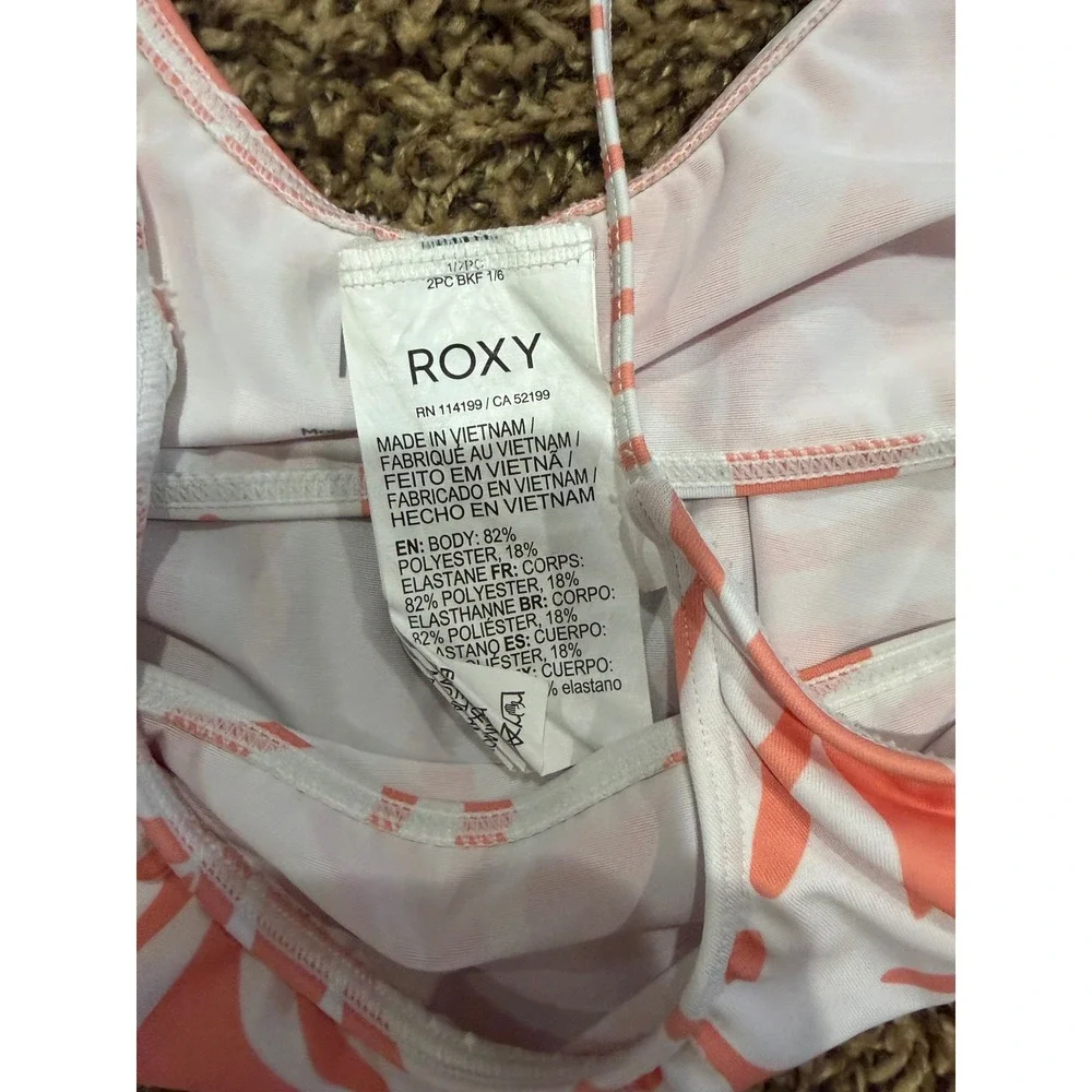 Roxy Girl Kids Size 14 Two Piece Bikini Swimsuit Coral White Floral Striped